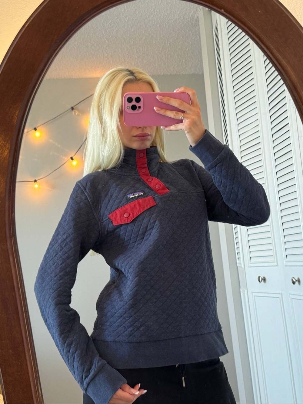 Patagonia Navy Quilted Pullover with Red Snap Placket